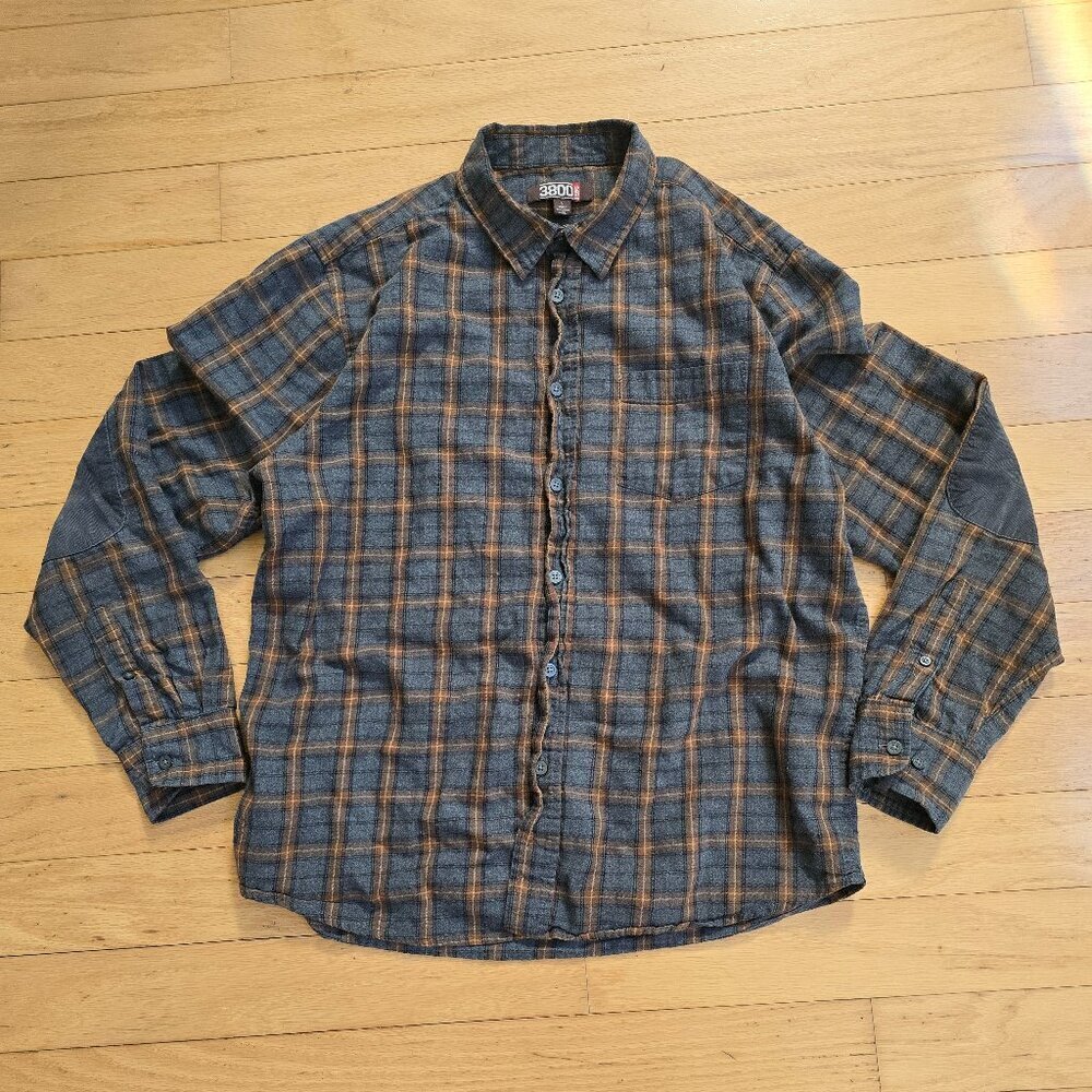 gray plaid flannel Gorpcore casual button-up with elbow pads | MENS L